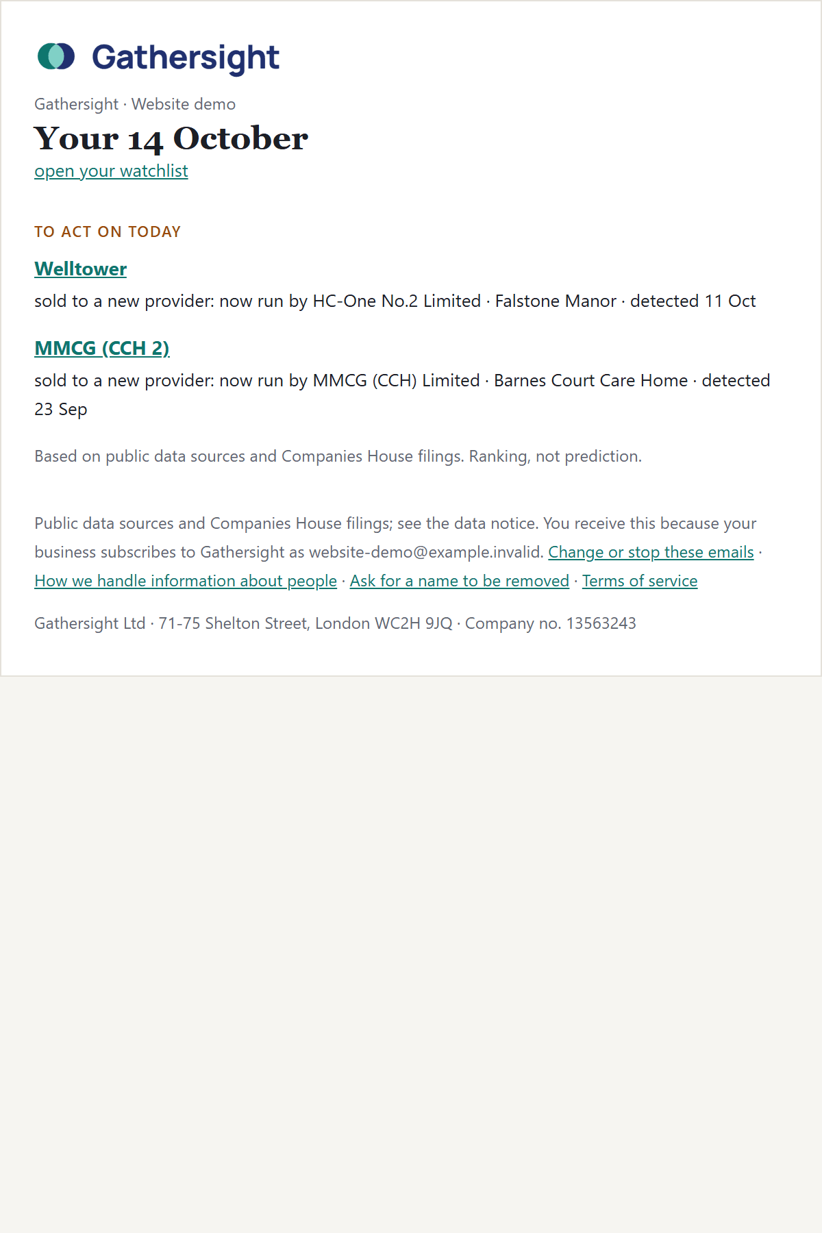 The 08:00 email: two changes to act on today, each with the business, what happened and when it was detected