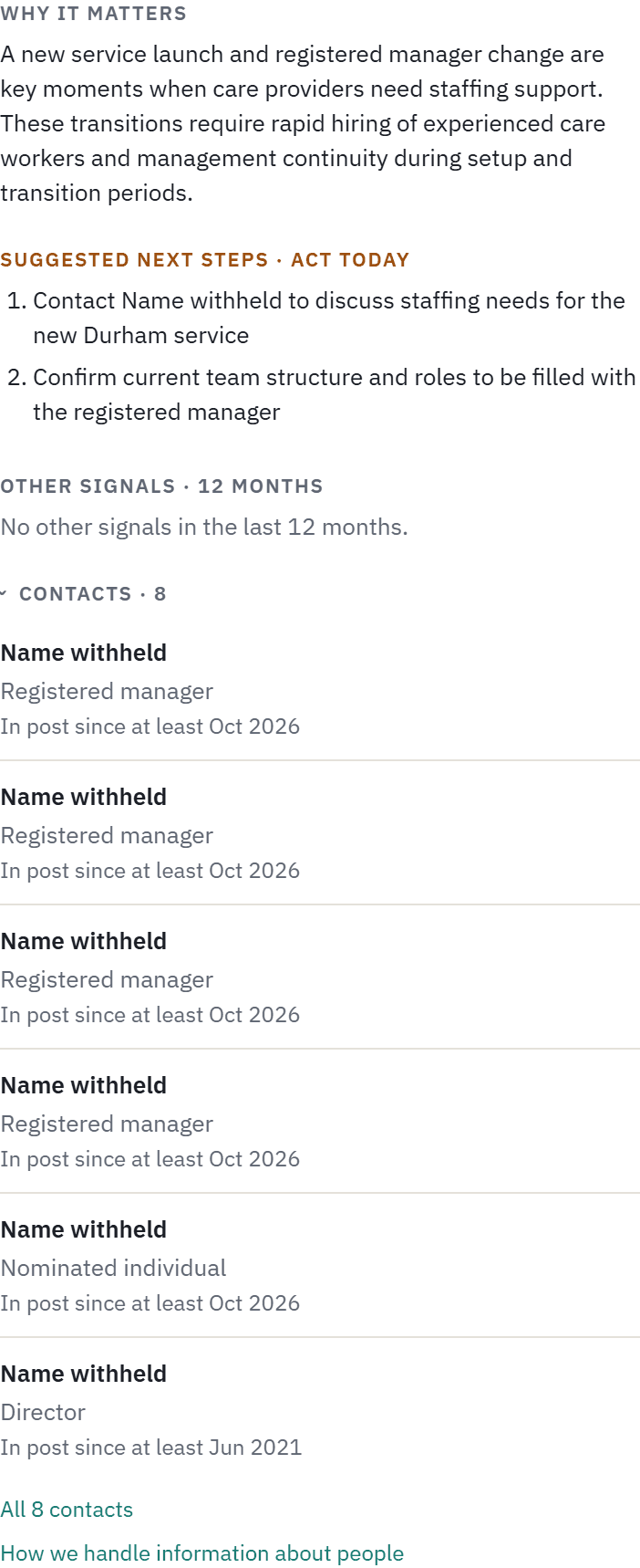 Why it matters, the suggested next steps and the contacts from the Vestra homecare signal panel