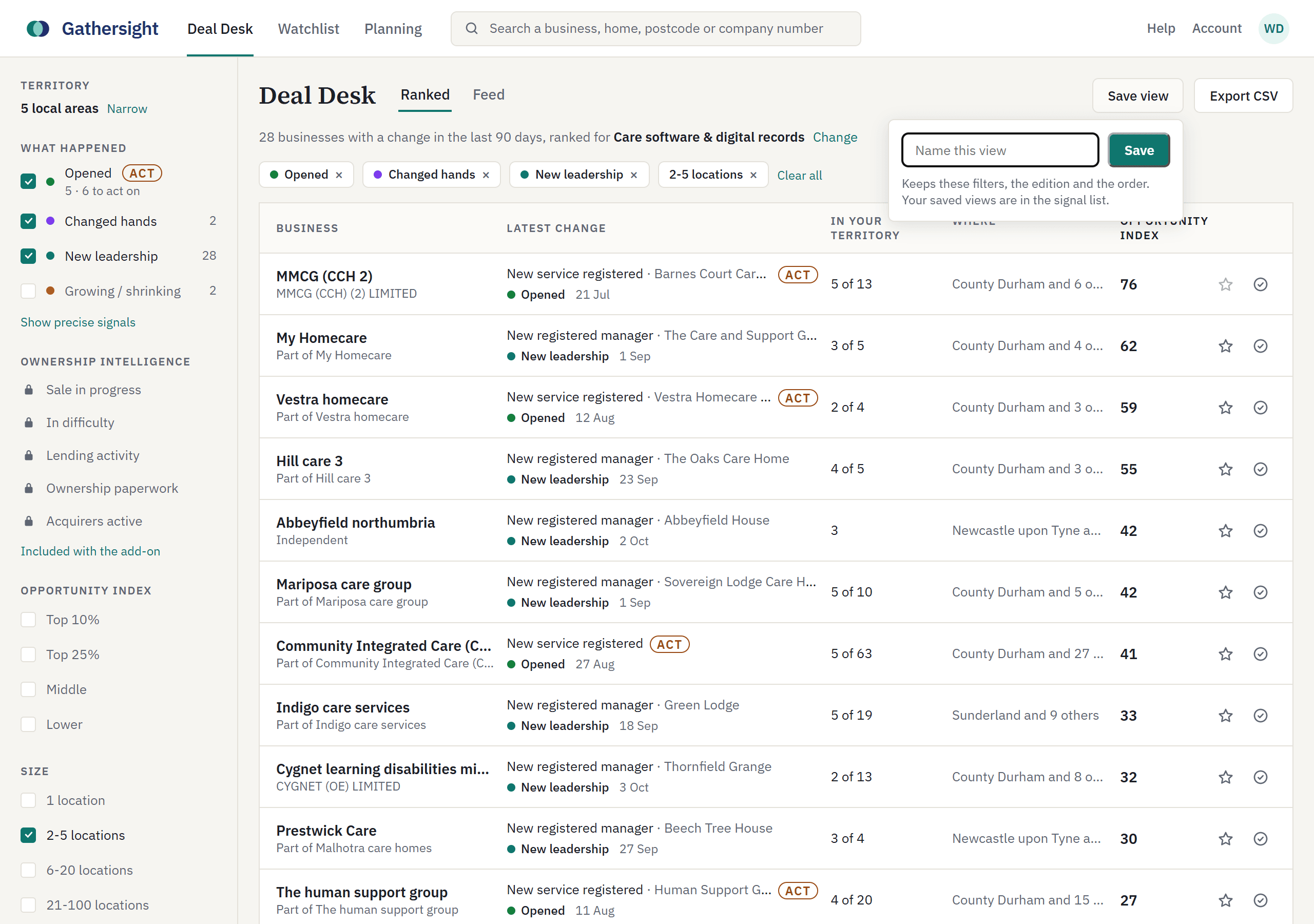 The Deal Desk with a business watched and the Save view dialog open
