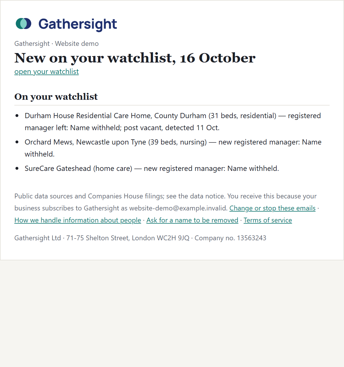 The watch alert email: three watched care homes, each with what changed and where